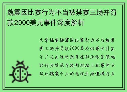 魏震因比赛行为不当被禁赛三场并罚款2000美元事件深度解析