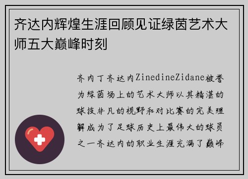 齐达内辉煌生涯回顾见证绿茵艺术大师五大巅峰时刻
